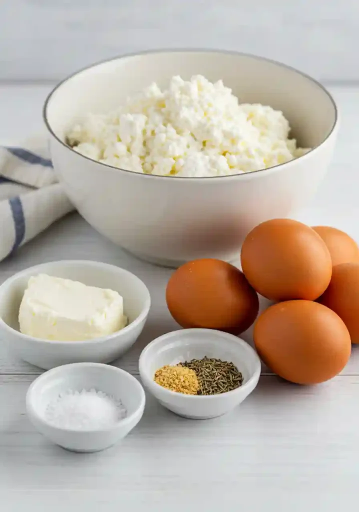 Four ingredients for cottage cheese cloud bread: cottage cheese bowl, separated eggs, garlic powder, and salt