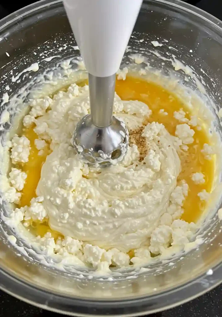 Smooth cottage cheese mixture being blended with egg yolks, garlic powder and salt in glass bowl