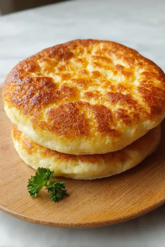 Freshly baked cottage cheese cloud bread rounds cooling on parchment-lined baking sheet, golden brown and puffy