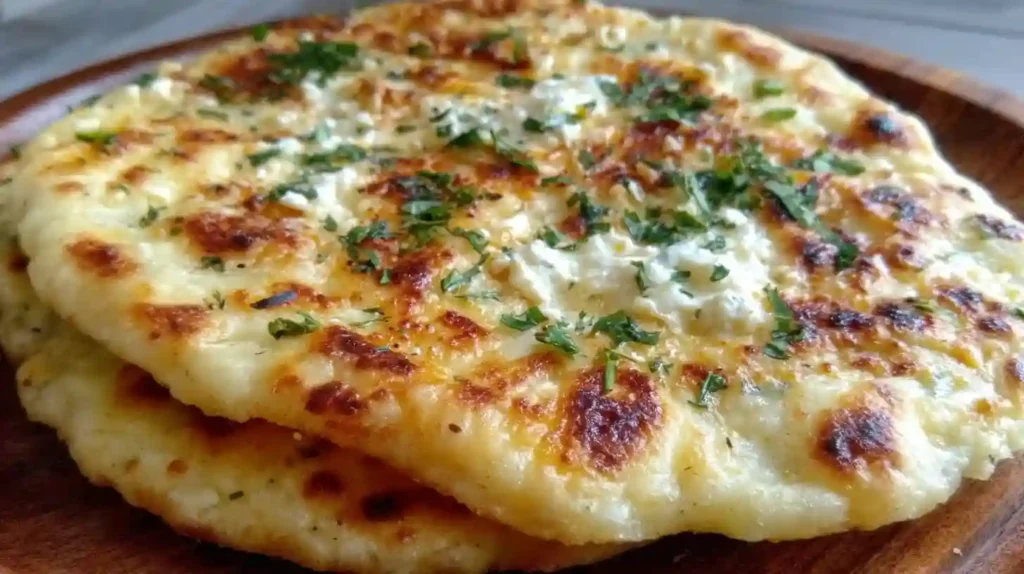 Stack of golden-brown cottage cheese flatbreads on wooden cutting board with herbs and olive oil