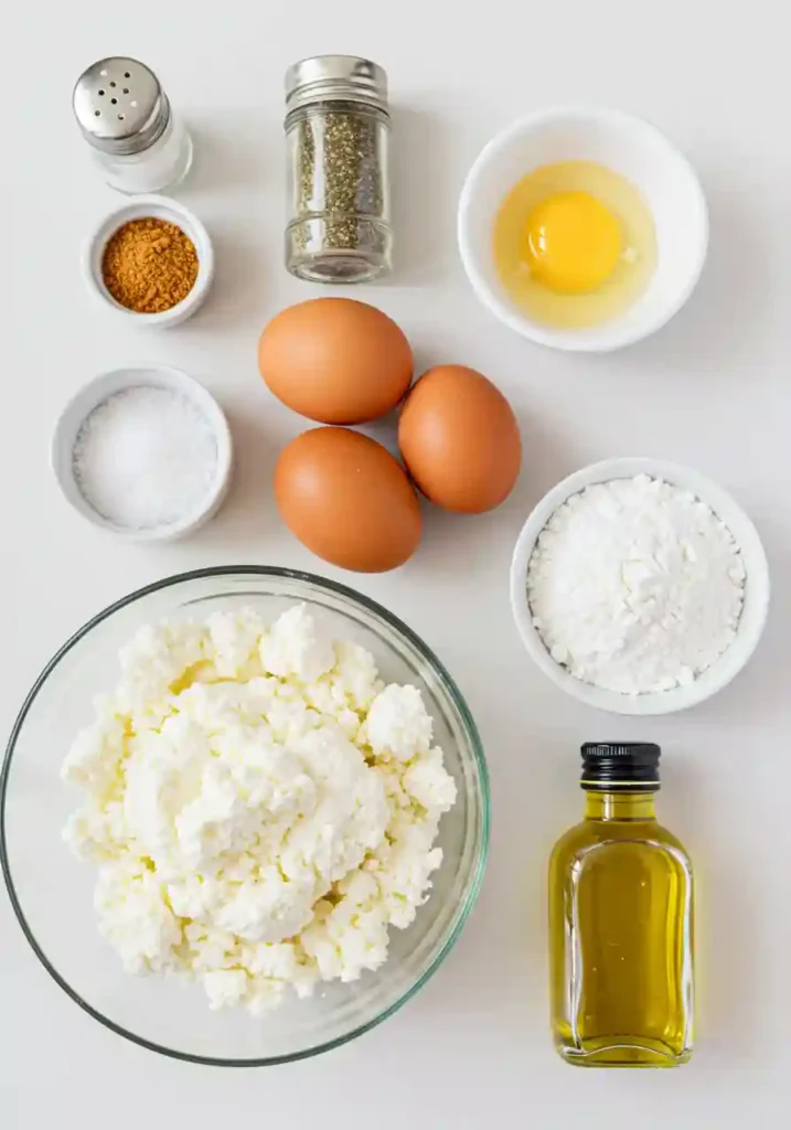 Bowl of cottage cheese, eggs, tapioca starch, salt and spices arranged on marble countertop for flatbread recipe