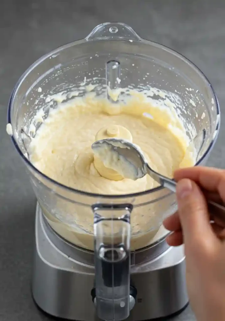 Creamy cottage cheese flatbread batter in glass bowl showing proper consistency for cooking