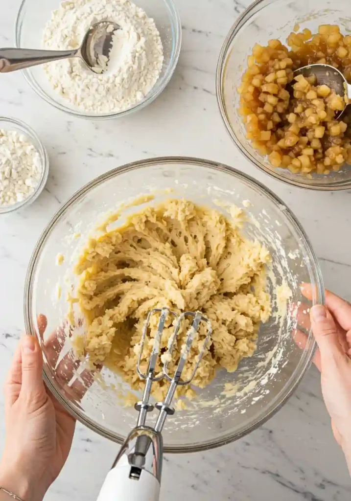 Electric mixer creaming softened butter and brown sugar in a large bowl for Apple Pie Cookies dough