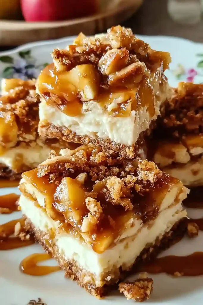 Hand drizzling golden caramel sauce over finished caramel apple cheesecake bars in baking pan using spoon
