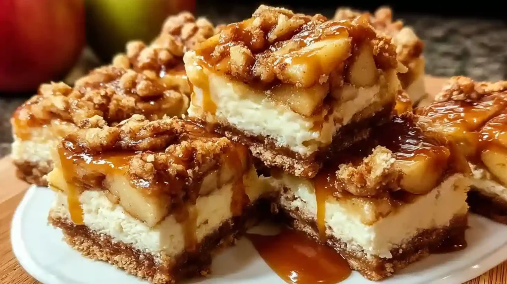 Sliced caramel apple cheesecake bars on white plate showing layers of graham cracker crust, creamy cheesecake, spiced apples, crumble topping and caramel drizzle