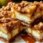 Sliced caramel apple cheesecake bars on white plate showing layers of graham cracker crust, creamy cheesecake, spiced apples, crumble topping and caramel drizzle