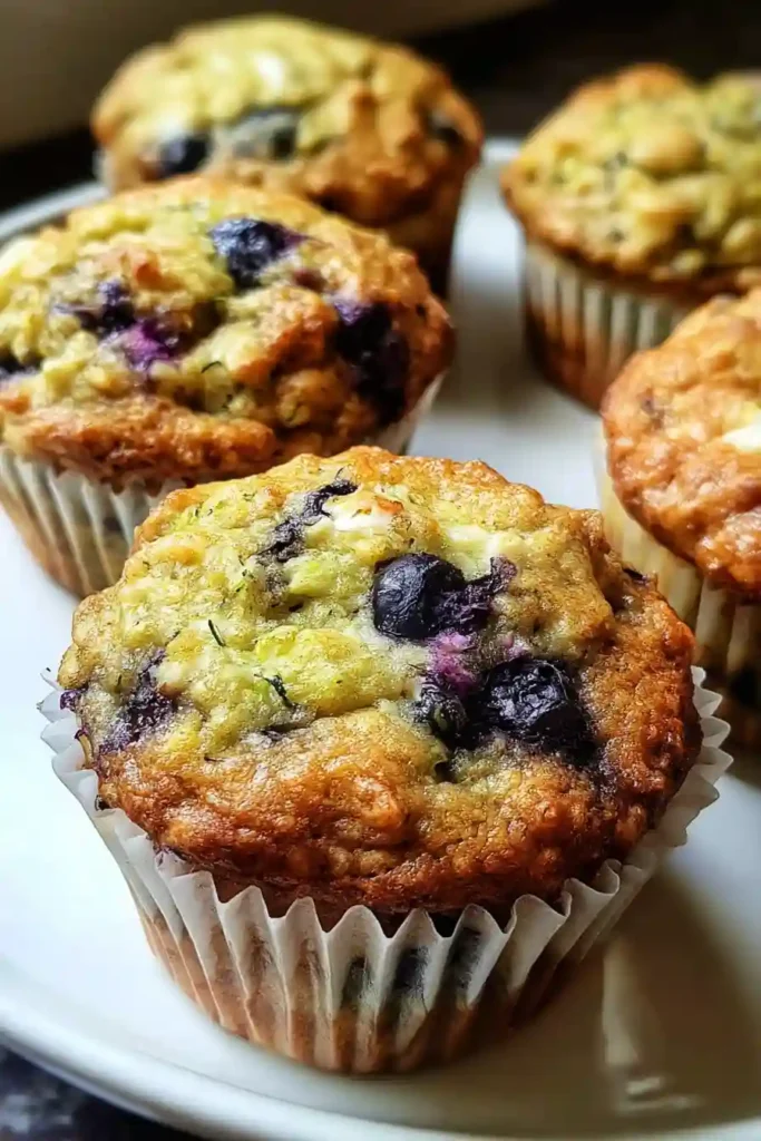 Cooled zucchini blueberry muffins removed from pan on wire rack