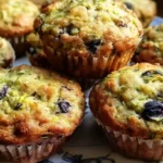 Homemade zucchini blueberry muffins with golden tops and visible blueberries