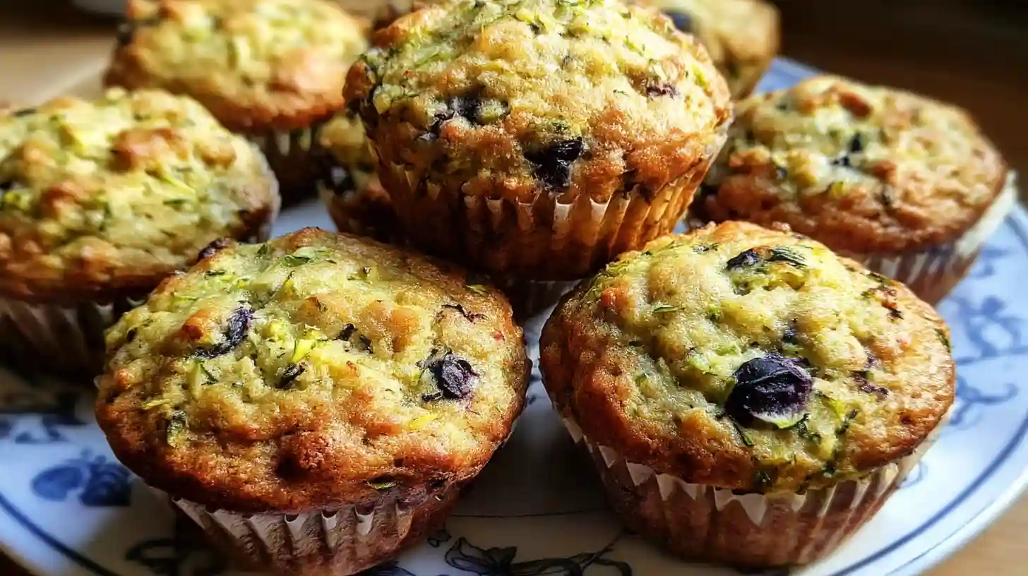 Homemade zucchini blueberry muffins with golden tops and visible blueberries