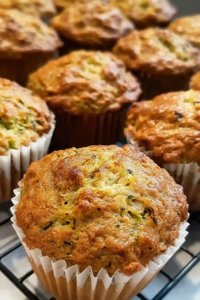 Twelve golden banana zucchini muffins cooling on wire rack after baking, steam visible, perfect dome tops