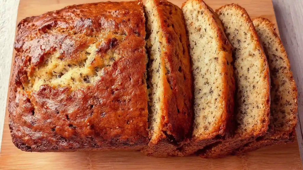 Sliced Greek yogurt banana bread on wooden cutting board showing moist texture and golden brown color