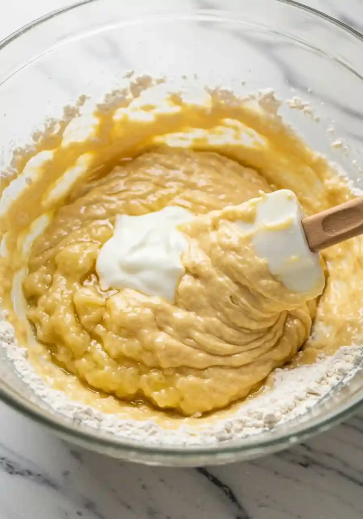 Folding wet ingredients into dry ingredients for Greek yogurt banana bread showing proper mixing technique