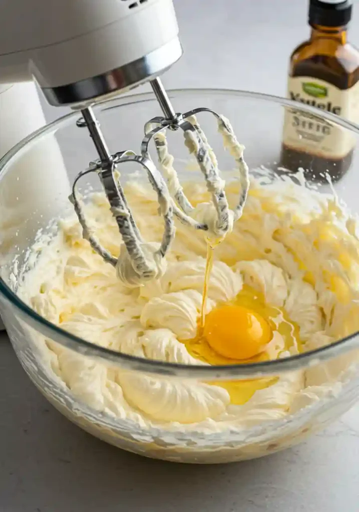 Electric mixer beating cream cheese mixture in bowl for caramel apple cheesecake bars showing smooth and fluffy texture