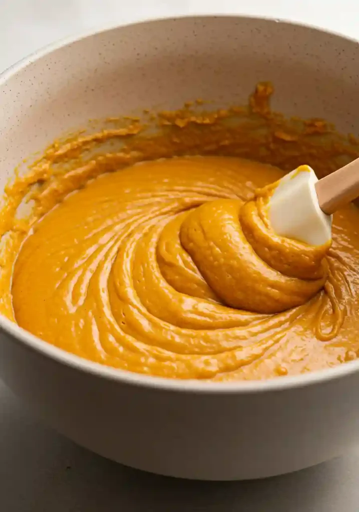 Large bowl with pumpkin puree, oil, sugars, egg and vanilla being mixed together for cookie dough