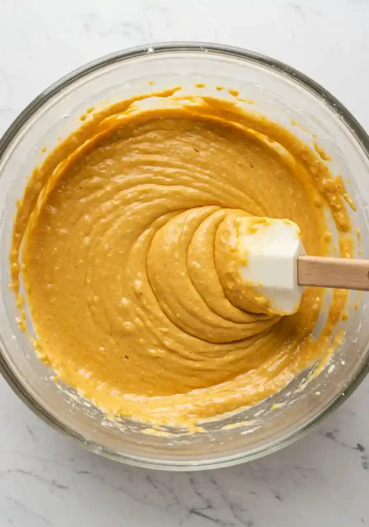 Hand mixing pumpkin puree with melted butter, eggs, milk and vanilla in a large glass bowl