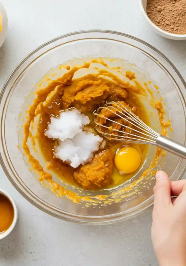 Hand whisking pumpkin puree, coconut oil, maple syrup, egg and vanilla in glass mixing bowl