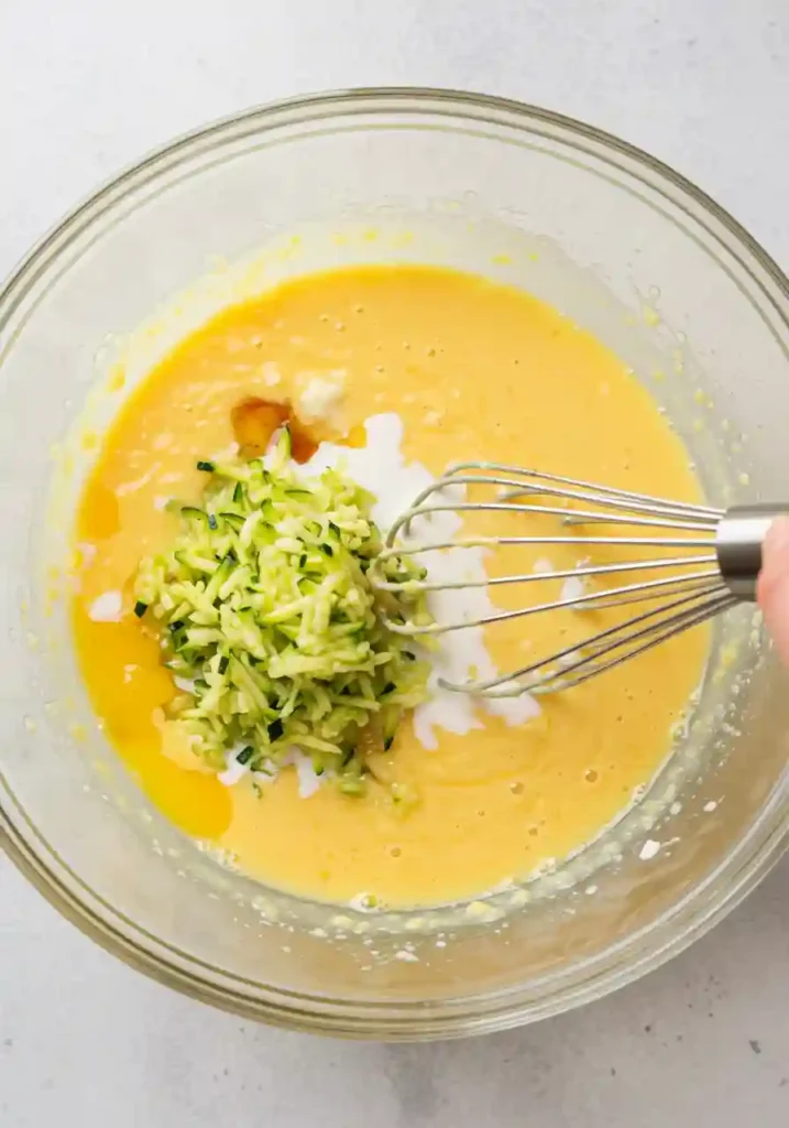 Whisking together eggs, grated zucchini, oil, milk and vanilla in mixing bowl 