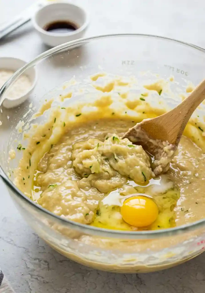 Large mixing bowl with mashed bananas, grated zucchini, eggs, oil and vanilla being mixed together with wooden spoon