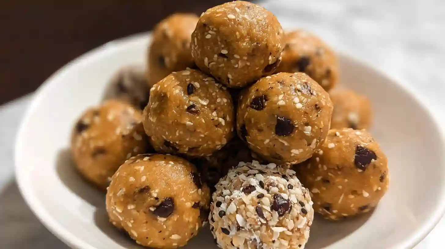 Close-up of no bake energy balls arranged in a bowl, ready to eat