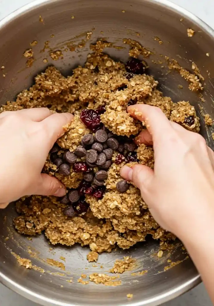 Hand mixing chocolate chips into energy ball mixture in a bowl