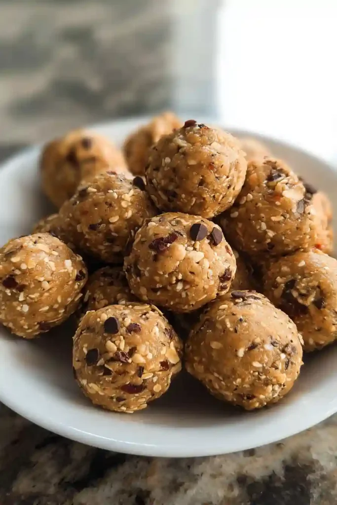 Rolled energy balls resting on a tray in the fridge to chill and set