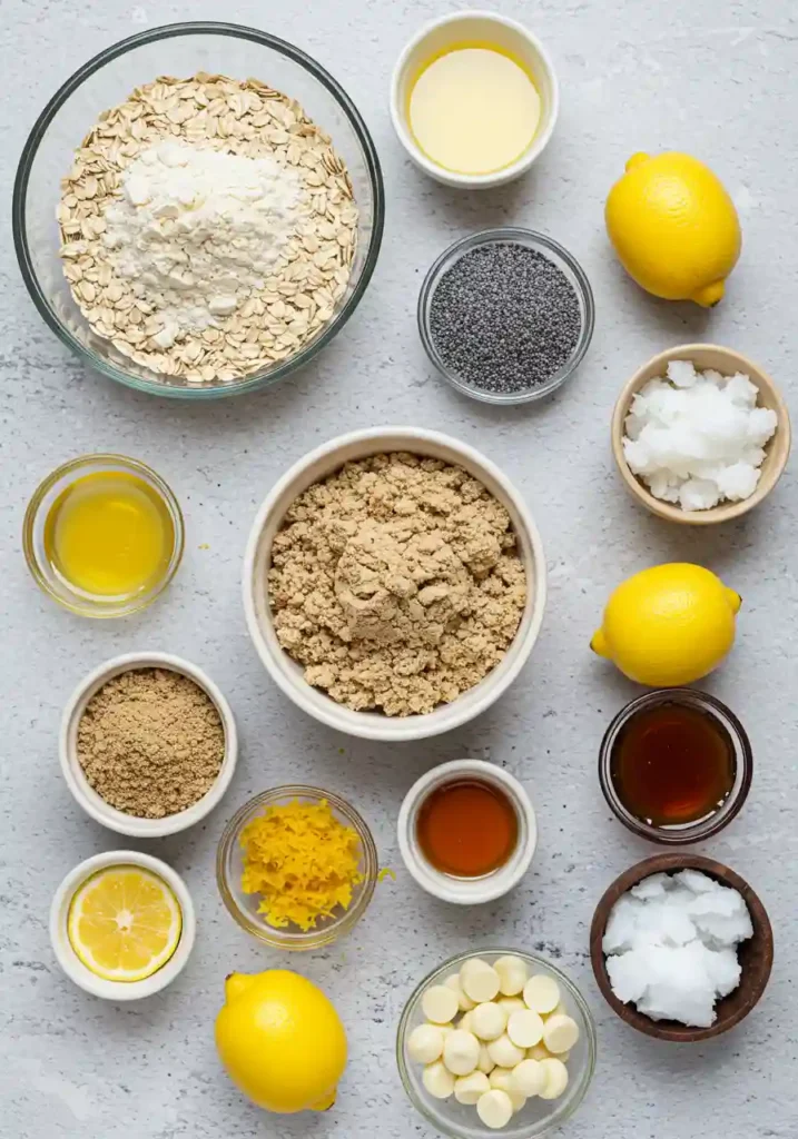 Ingredients for no-bake lemon poppyseed protein balls including oats, protein powder, poppy seeds, fresh lemons, honey, and coconut oil laid out on marble countertop