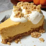 Slice of creamy no bake pumpkin cheesecake with graham cracker crust on white plate, garnished with whipped cream and cinnamon
