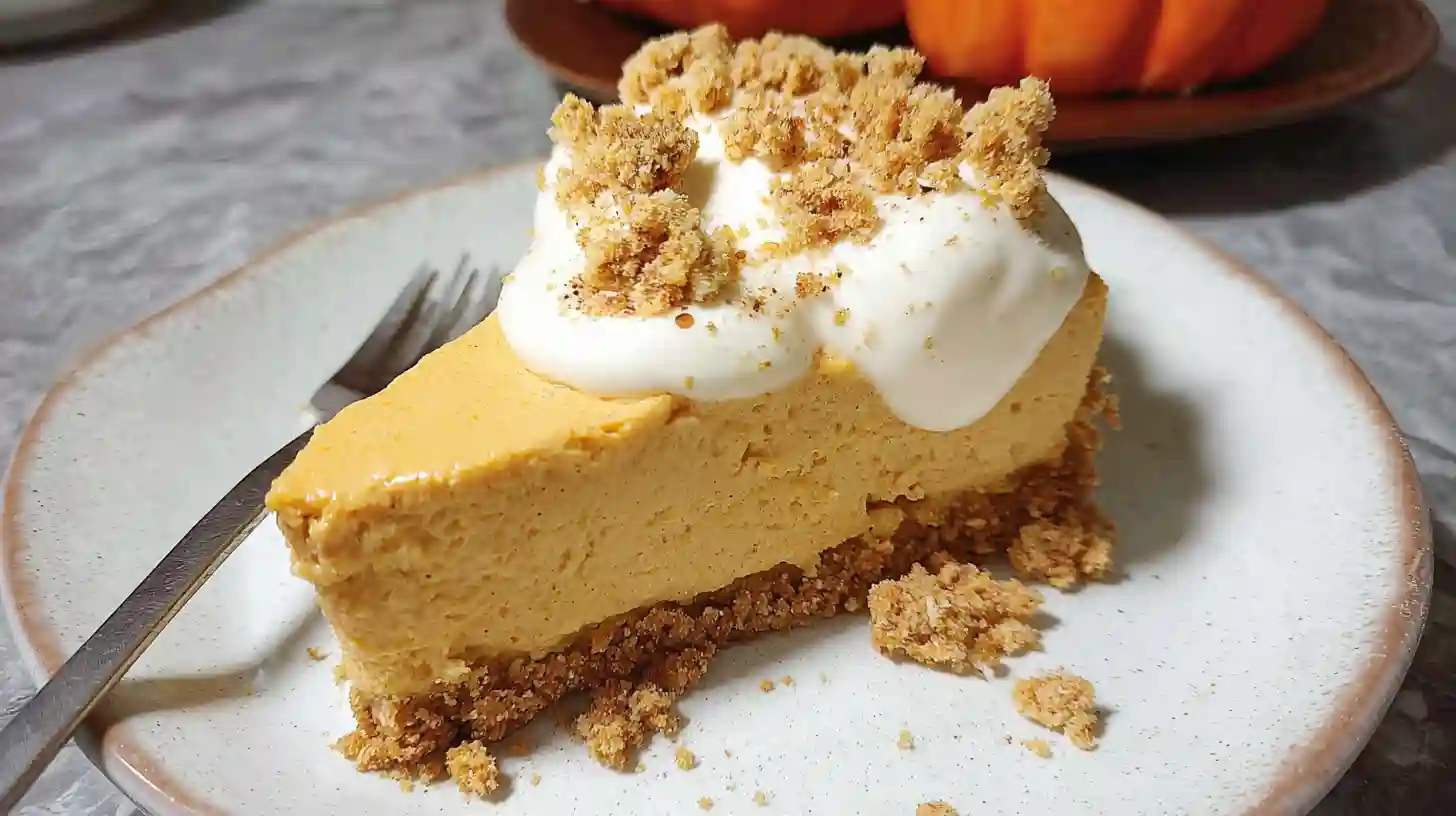 Slice of creamy no bake pumpkin cheesecake with graham cracker crust on white plate, garnished with whipped cream and cinnamon