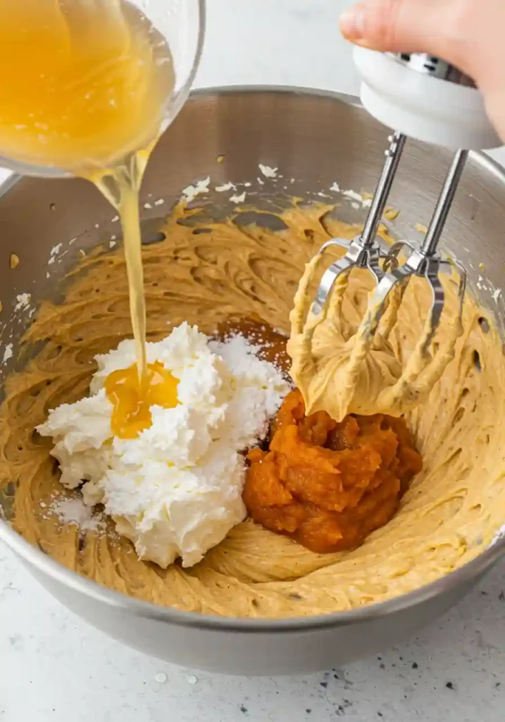Electric mixer beating orange pumpkin cheesecake filling in large bowl showing smooth, creamy texture