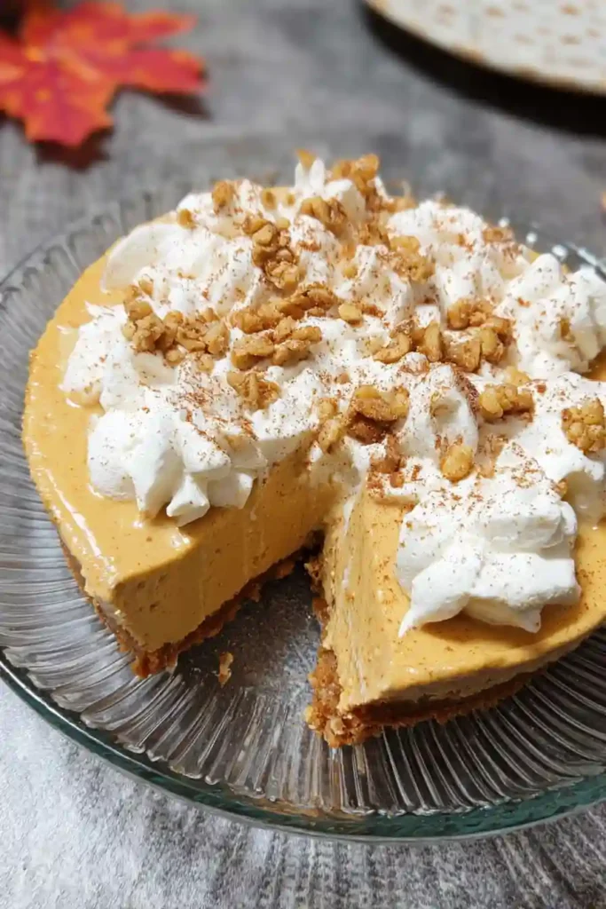 Springform pan with assembled no bake pumpkin cheesecake showing smooth orange filling over graham cracker crust, covered with plastic wrap