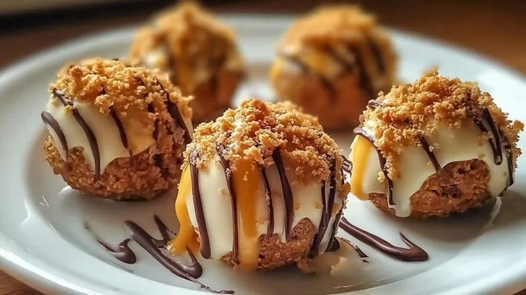 Golden pumpkin cheesecake balls coated in cinnamon graham cracker crumbs arranged on white serving plate