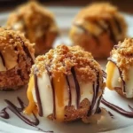 Golden pumpkin cheesecake balls coated in cinnamon graham cracker crumbs arranged on white serving plate
