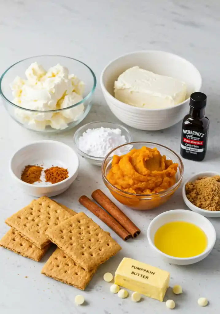 Cream cheese, pumpkin puree, spices, graham crackers and other ingredients for no bake pumpkin cheesecake balls recipe