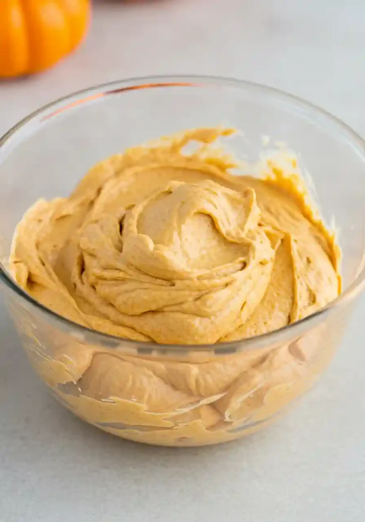 Orange pumpkin cheesecake mixture in bowl covered with plastic wrap chilling in refrigerator