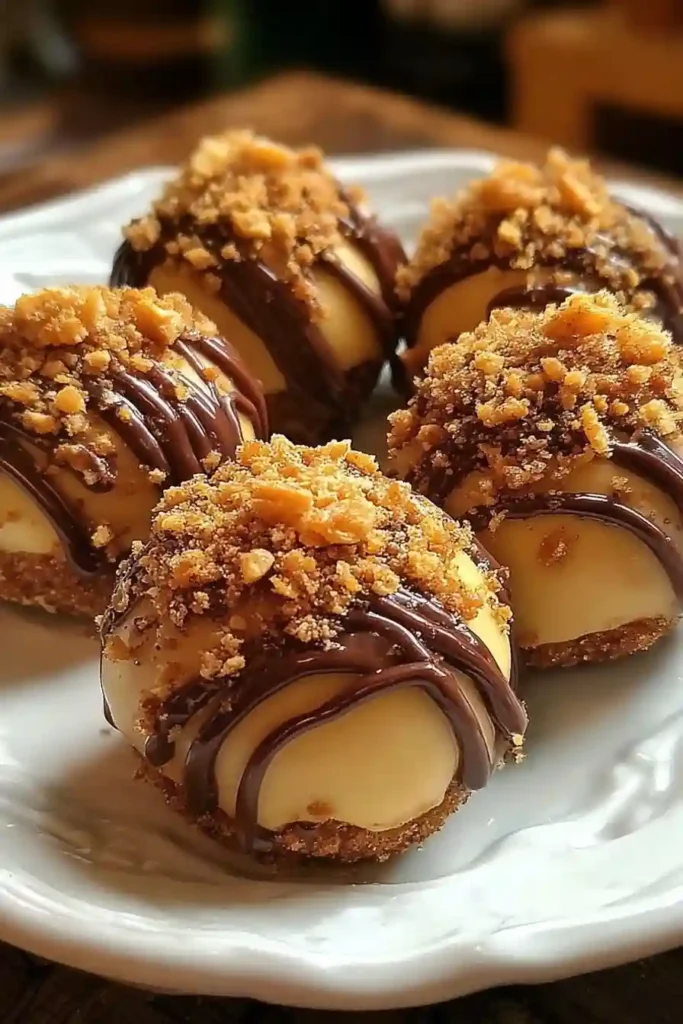 Completed no bake pumpkin cheesecake balls coated in graham cracker crumbs on parchment-lined tray after final chilling
