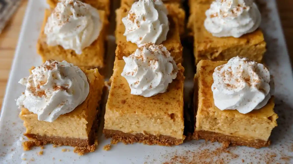 No bake pumpkin cheesecake bars with gingersnap crust cut into squares on a white plate with fall decorations