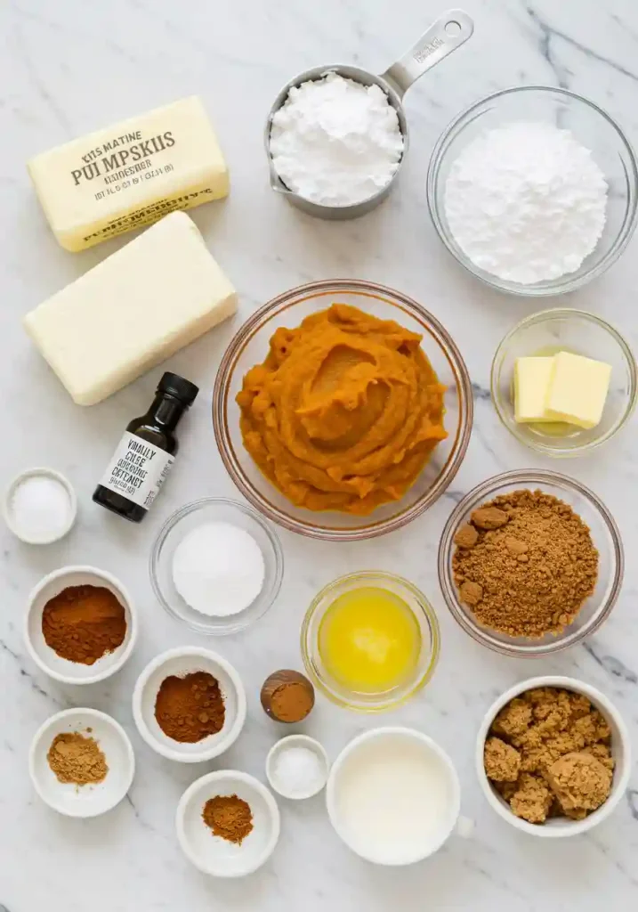 All ingredients for no bake pumpkin cheesecake bars arranged on marble countertop including cream cheese pumpkin puree and gingersnap cookies
