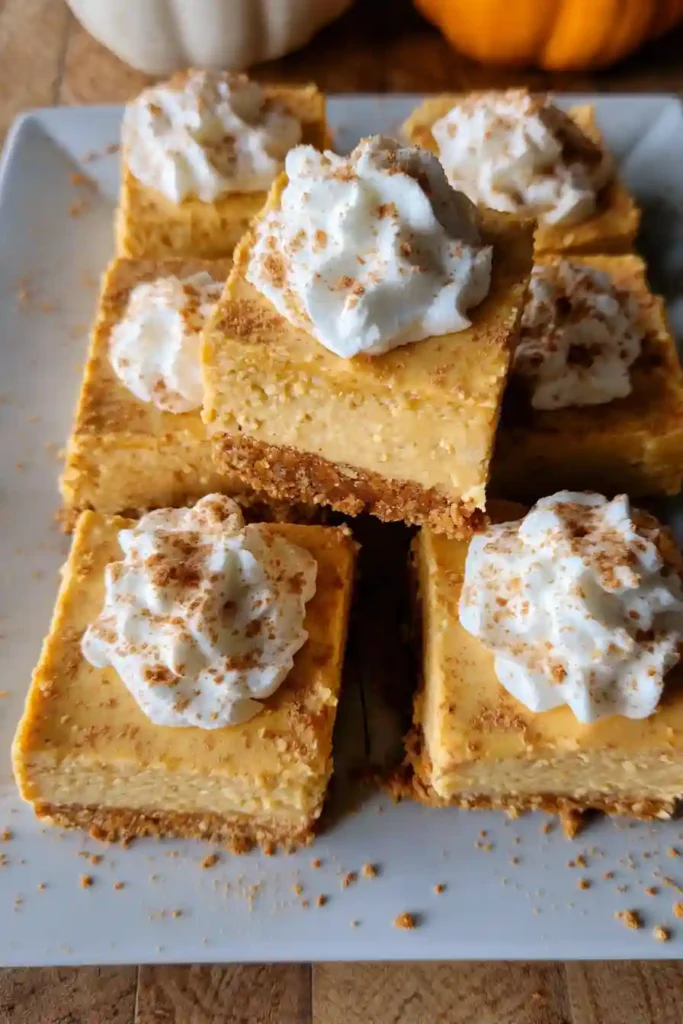 Spreading pumpkin cheesecake filling over gingersnap crust in square baking pan with offset spatula