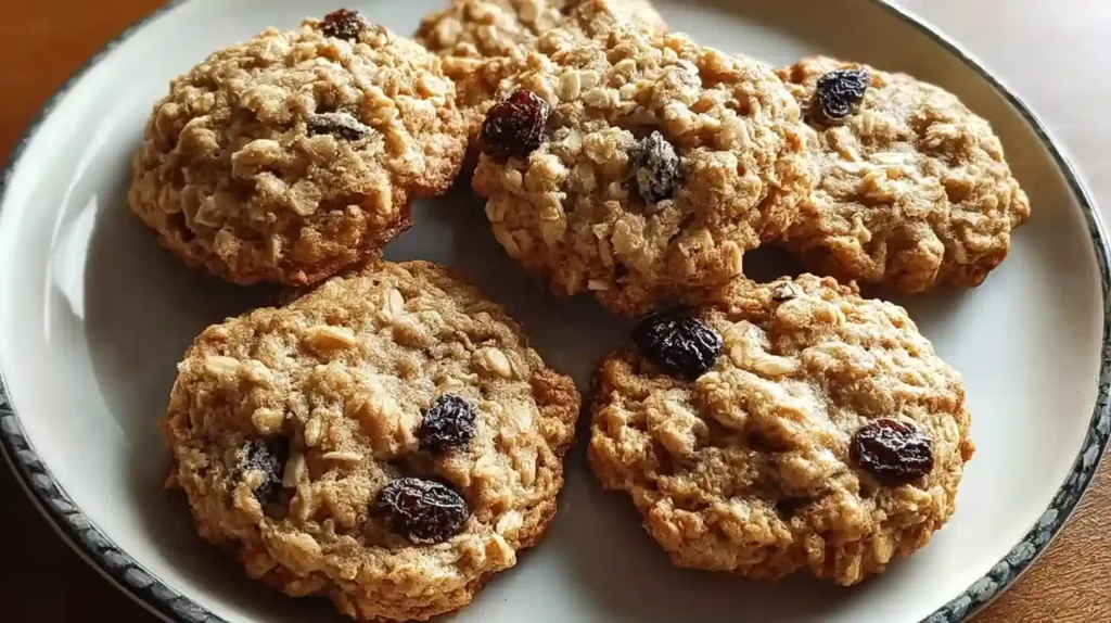 Stack of homemade oatmeal raisin cookies with visible oats and raisins on white ceramic plate