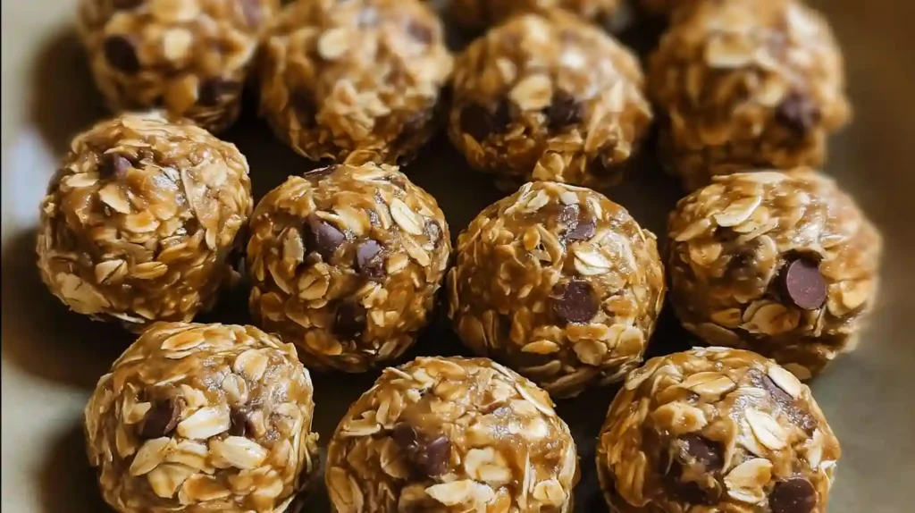 Close-up of rolled peanut butter oatmeal balls arranged on parchment paper, ready to eat