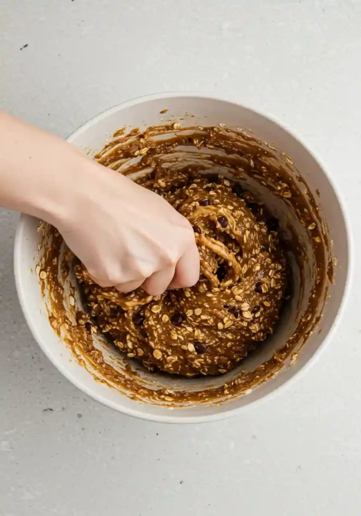 Large mixing bowl filled with oats, peanut butter, and syrup being stirred with a spoon