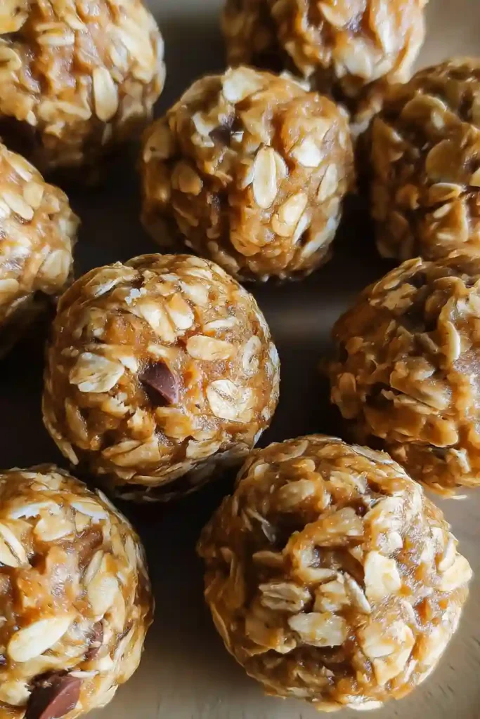 Rolled energy bites stored in a glass container with lid, ready for the fridge or freezer