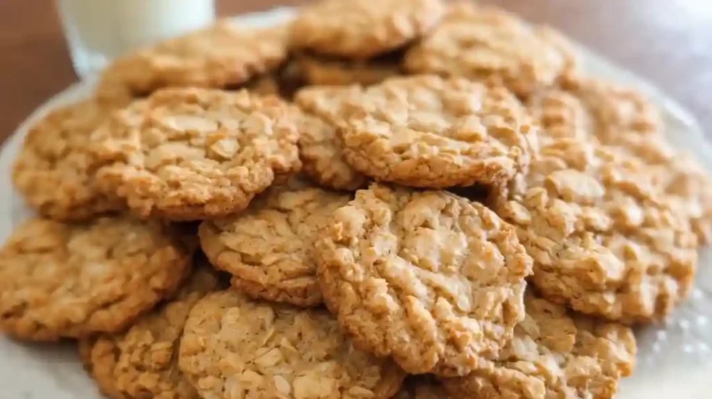 Stack of golden brown peanut butter oatmeal cookies on white plate showing chewy texture and visible oats
