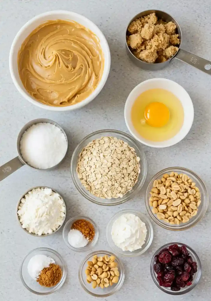 All ingredients for peanut butter oatmeal cookies arranged on marble counter including peanut butter jar, oats, flour, eggs, and sugars