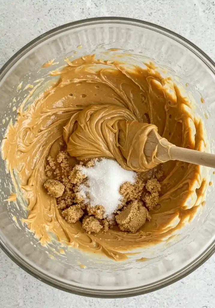 Electric mixer blending creamy peanut butter with brown and white sugars in large mixing bowl showing smooth, glossy texture