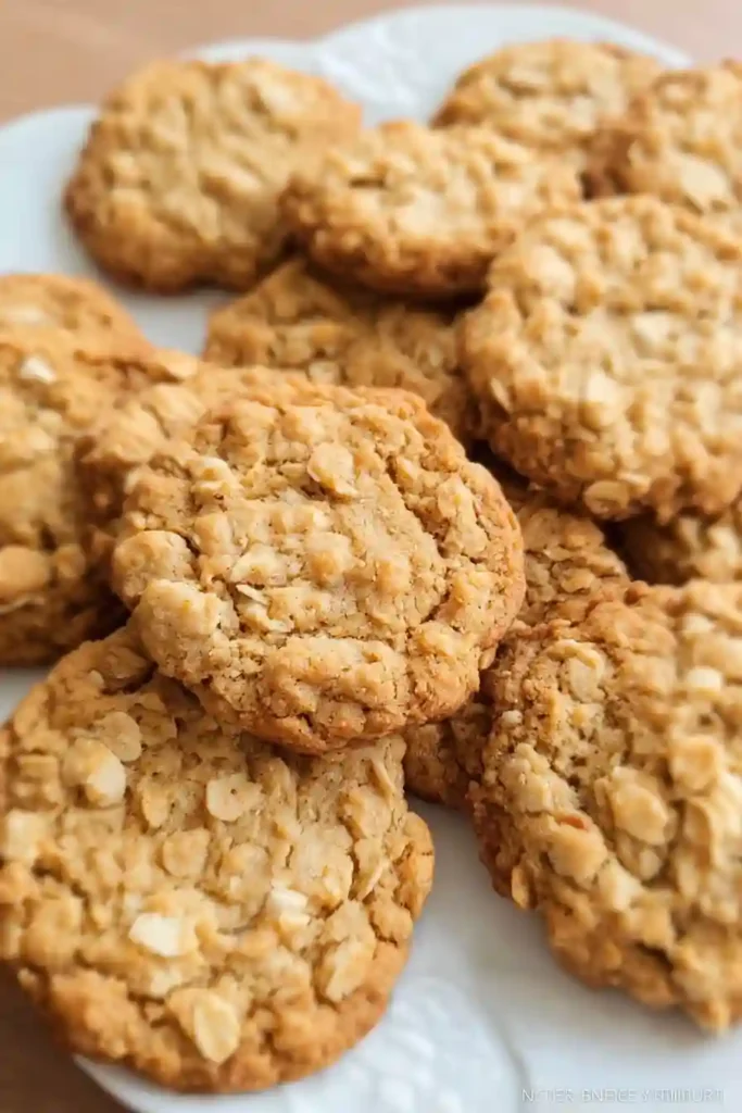 Freshly baked peanut butter oatmeal cookies cooling on wire cooling rack with golden edges and soft centers visible