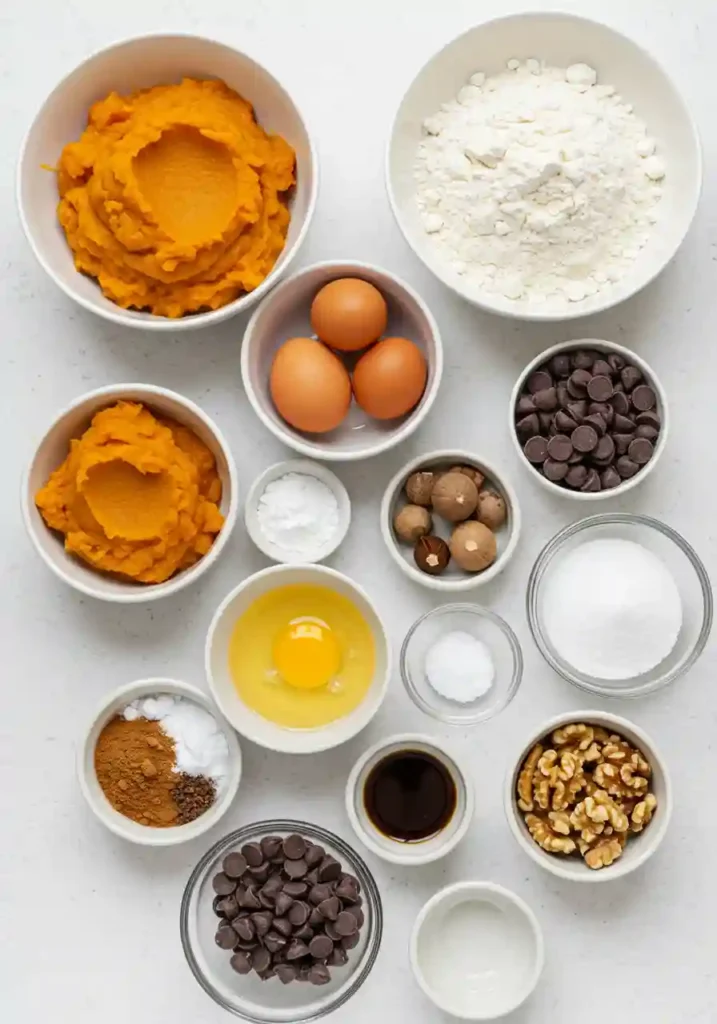 All ingredients for pumpkin chocolate chip muffins laid out including pumpkin puree, chocolate chips, flour, eggs, and spices