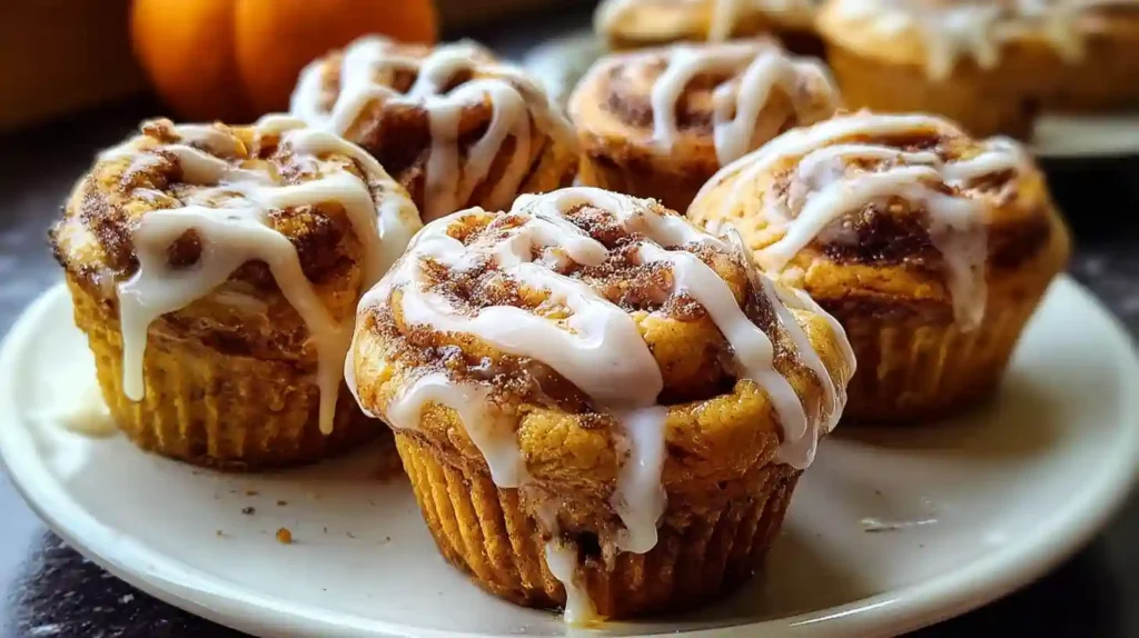 Golden pumpkin cinnamon roll muffins with white glaze drizzled on top, displayed on a wooden board with fall decorations