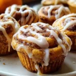 Golden pumpkin cinnamon roll muffins with white glaze drizzled on top, displayed on a wooden board with fall decorations