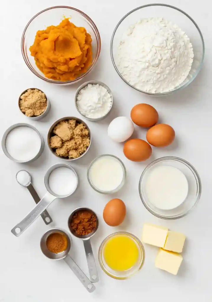 Ingredients for pumpkin cinnamon roll muffins laid out including pumpkin puree, flour, spices, eggs, and butter on white background